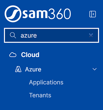 Jump to with azure typed, showing Cloud › Azure › Applications and Tenants.