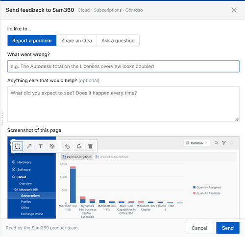 The Send feedback form with a description, screenshot markup tools and Send button.