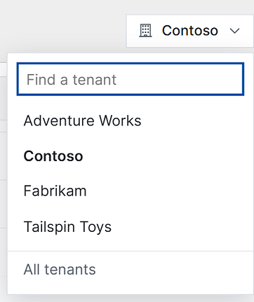 The tenant selector with a Find a tenant box, tenant list and All tenants link.
