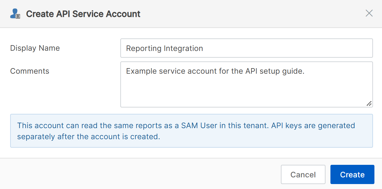 Create API Service Account dialog, showing the Reporting Integration display name, comments and Create button.