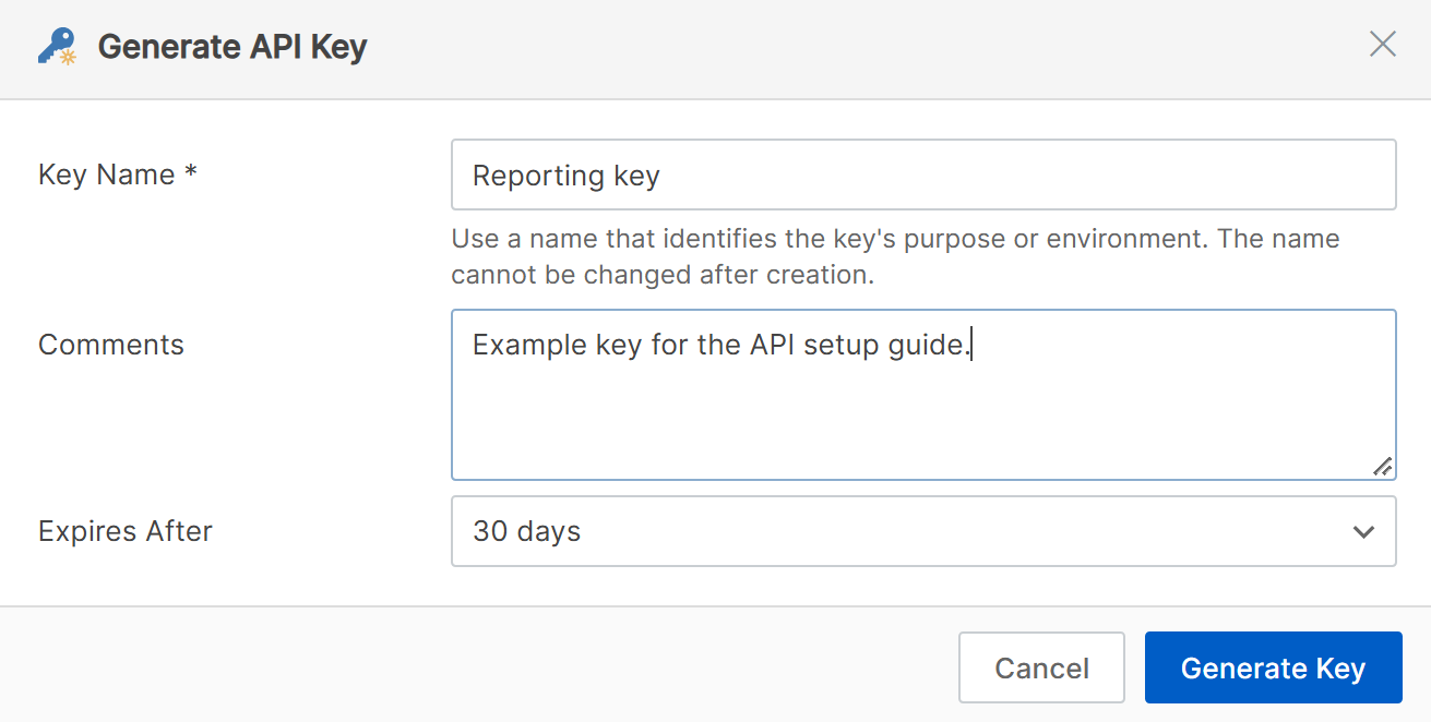 Generate API Key dialog with Key Name Reporting key, optional comments and a 30-day expiry.